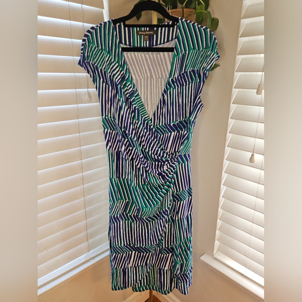 Tommy Bahama Blue and Green Striped Faux Wrap Dress